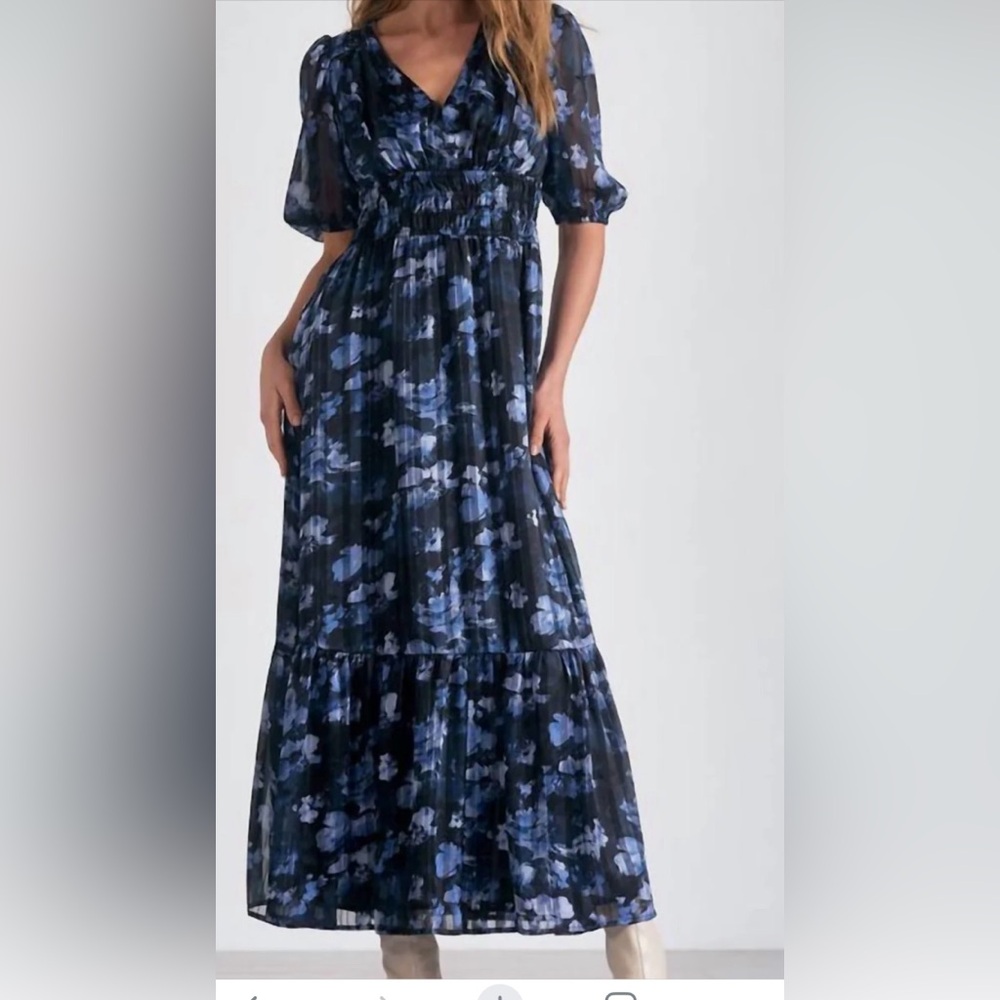 ELAN  Three-Quarter Sleeve V Neck Floral Maxi Dress In Blue Floral(015)